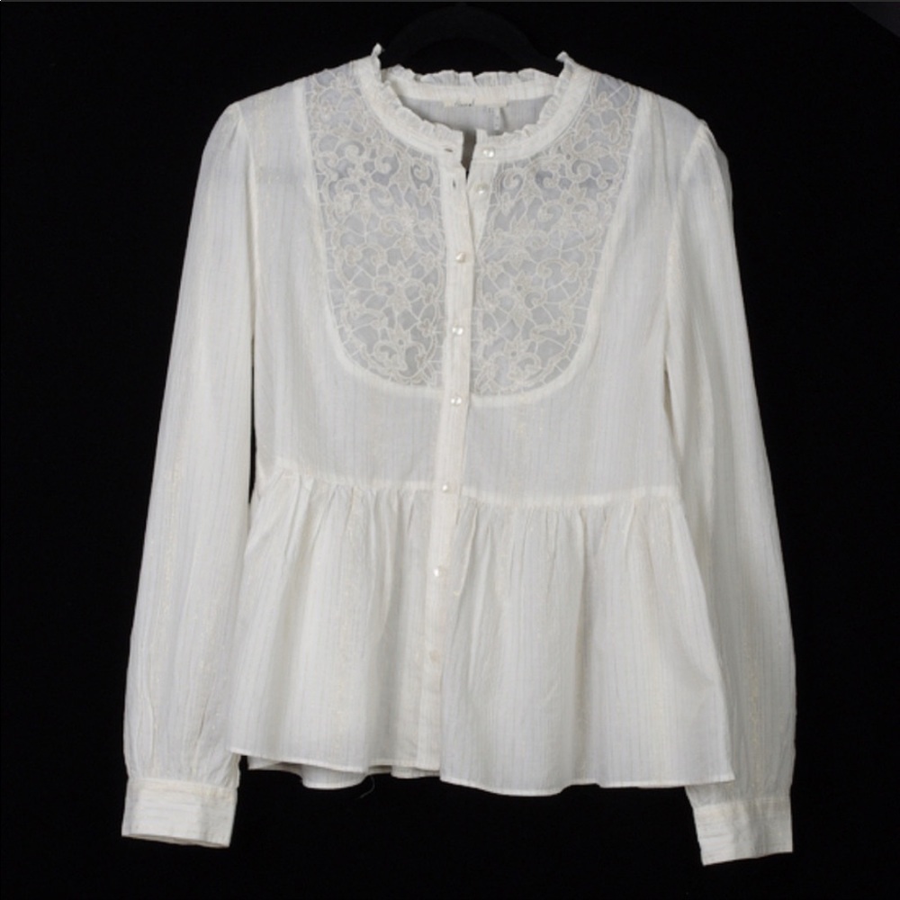 Anthropologie Floreat white & gold stitched top